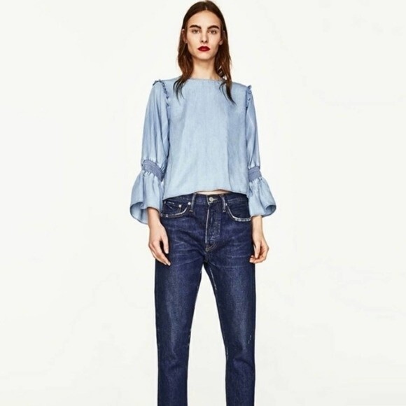 Zara Woman Blue top Premium Denim Collection Small Chambray Bell Sleeve Top S - Picture 4 of 9